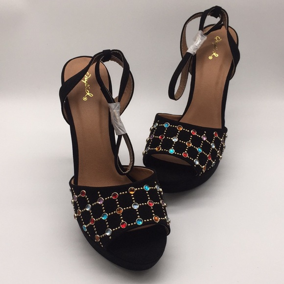 Qupid Ladies Platform Black Suede 5” Heels Pumps Open Toe Black Suede Size 10 - Picture 12 of 16